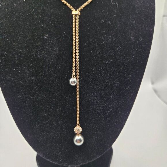 Michael Kors Elegant Rose Gold Drop Necklace Gray Pearls Rhinestones - Picture 2 of 6